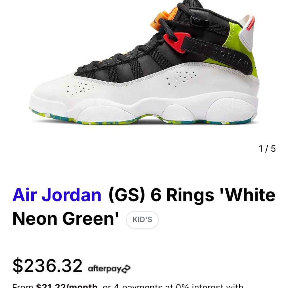 Nike Jordan 6 Rings GS AJ6 White Neon Green Size: 6.5 Y or 8 Women's His Airness